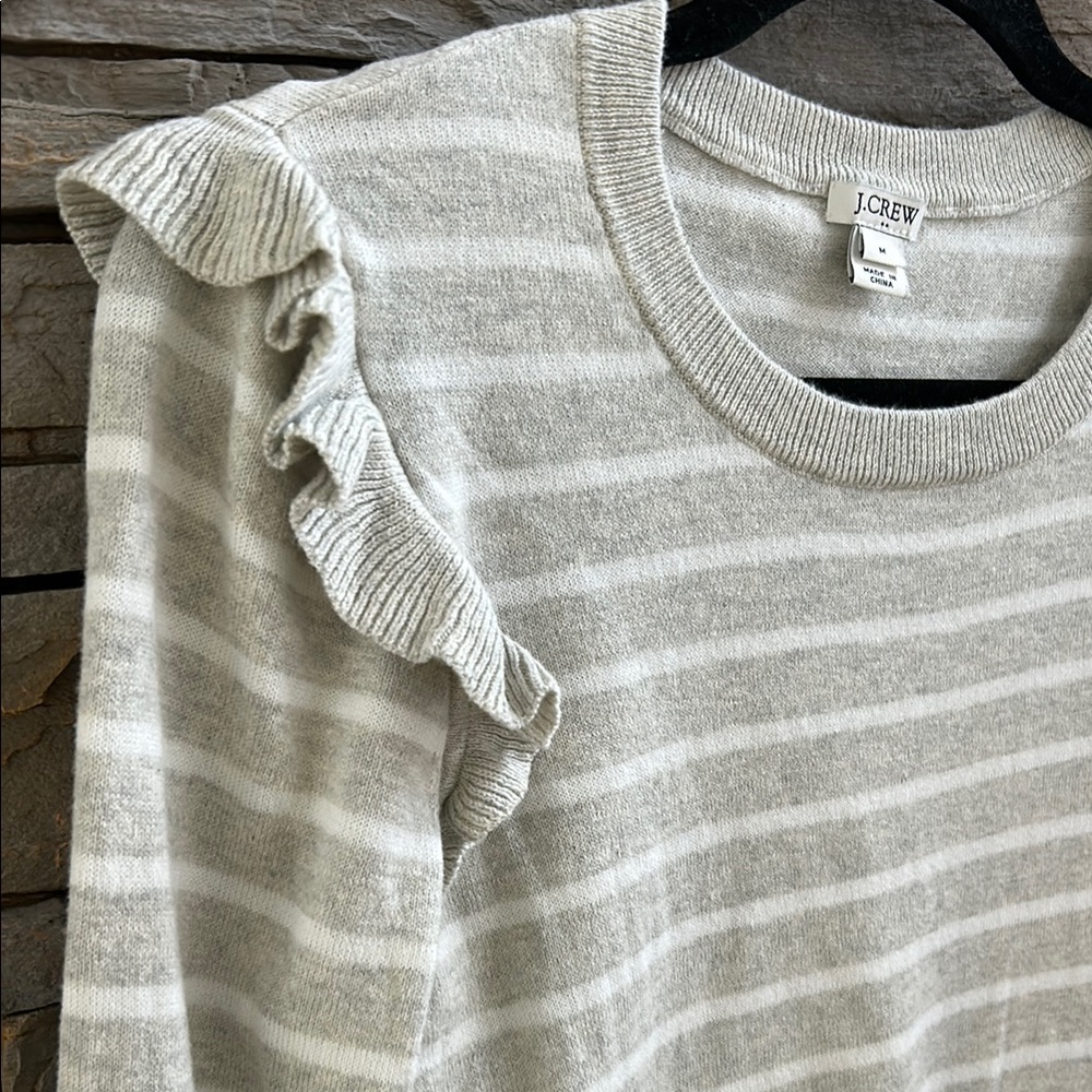 LOFT Gray Striped Ruffle Sweater - Picture 2 of 6